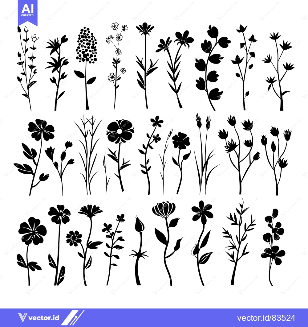 Premium Vector of Collection of Black Silhouettes of Various Wildflowers and Plants