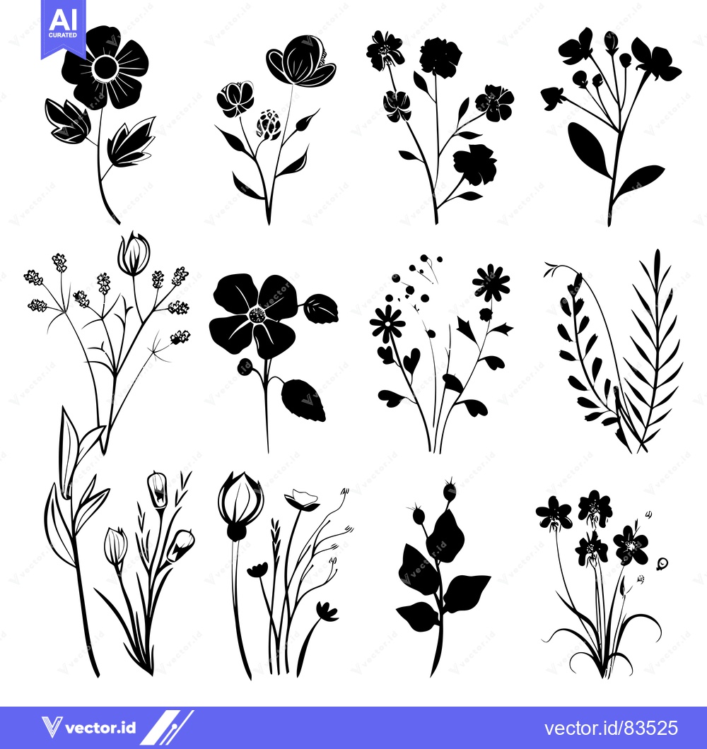 Premium Vector dari Black and White Silhouettes of Various Flower Arrangements