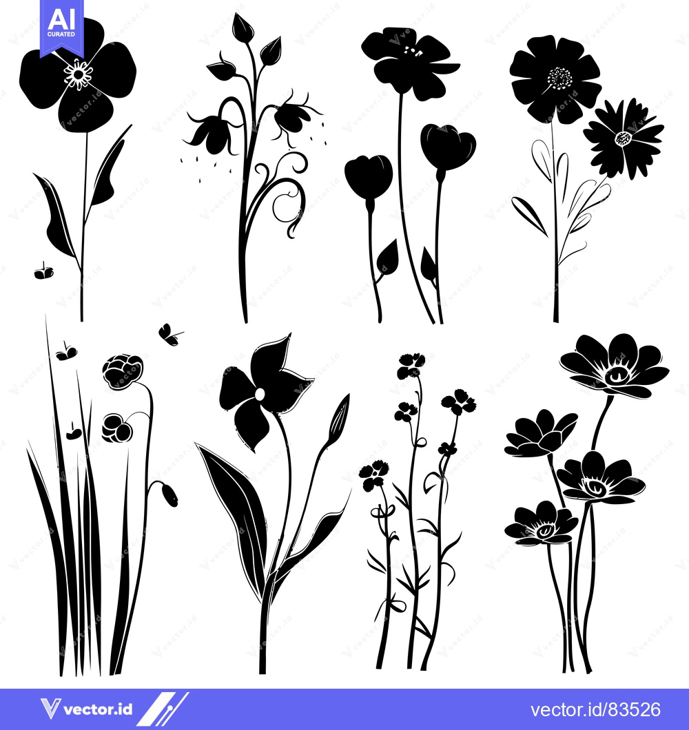 Premium Vector of Black and White Silhouettes of Various Flowers