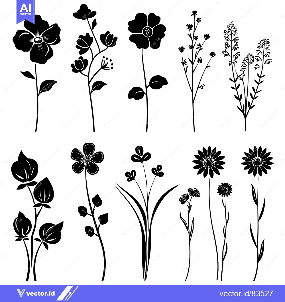 Premium Vector of Black Silhouettes of Various Wildflowers and Plants