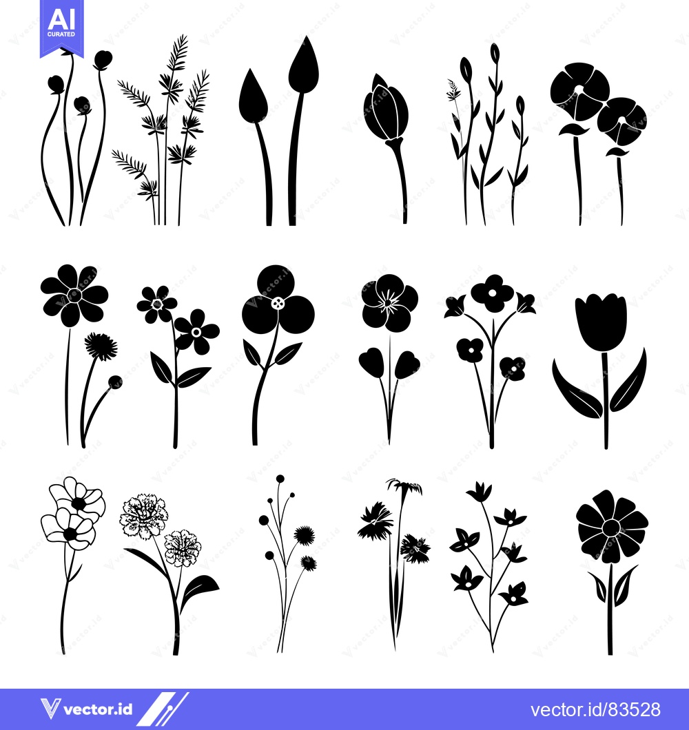 Premium Vector dari Collection of Black Silhouettes of Various Flowers and Plants