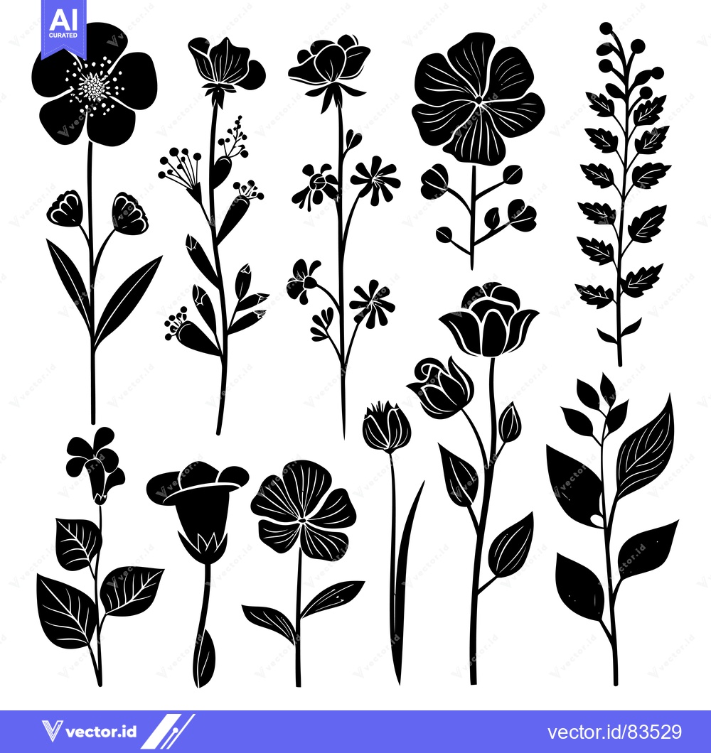 Premium Vector of A Collection of Black and White Floral Silhouettes
