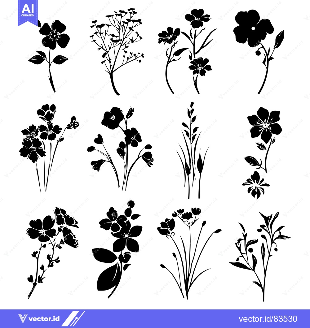 Premium Vector dari Collection of Black Silhouette Flower and Plant Designs