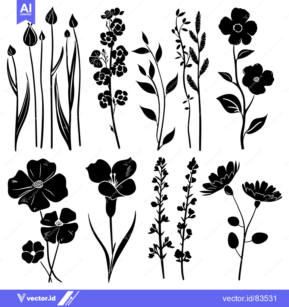 Premium Vector of Black Silhouettes of Various Flower and Plant Species