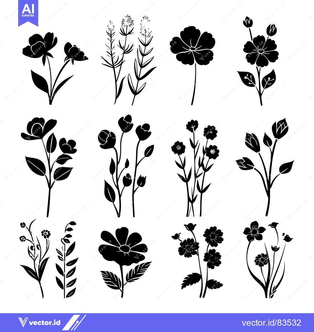 Premium Vector of Twelve Silhouettes of Floral Arrangements in Black and White