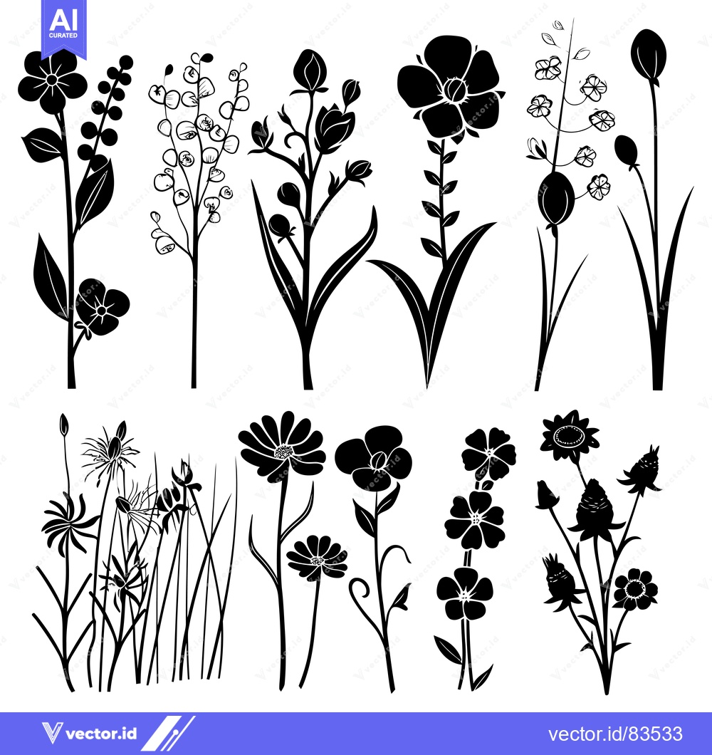 Premium Vector of Black Silhouettes of Various Flower and Plant Stems