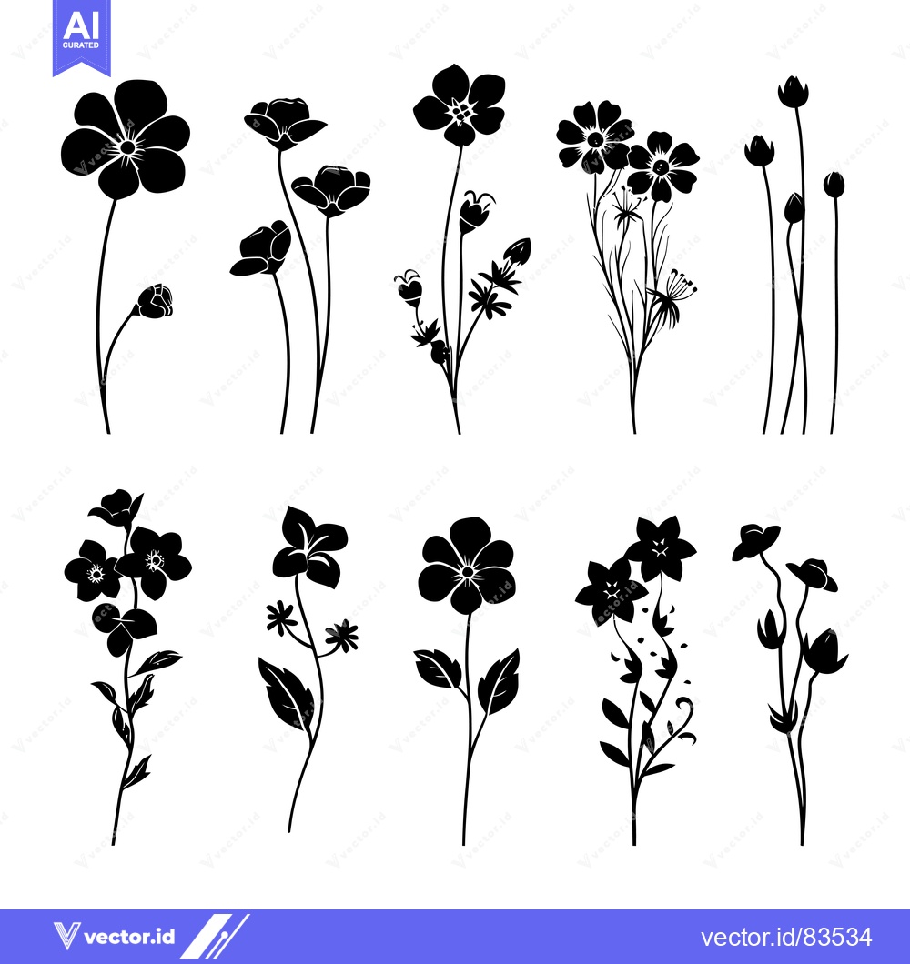 Premium Vector dari Black Silhouette Set of Various Flower Designs