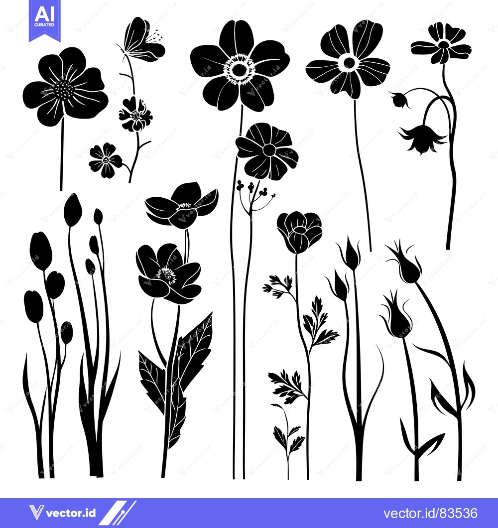 Premium Vector of Black and White Silhouette of Various Flowers and Buds