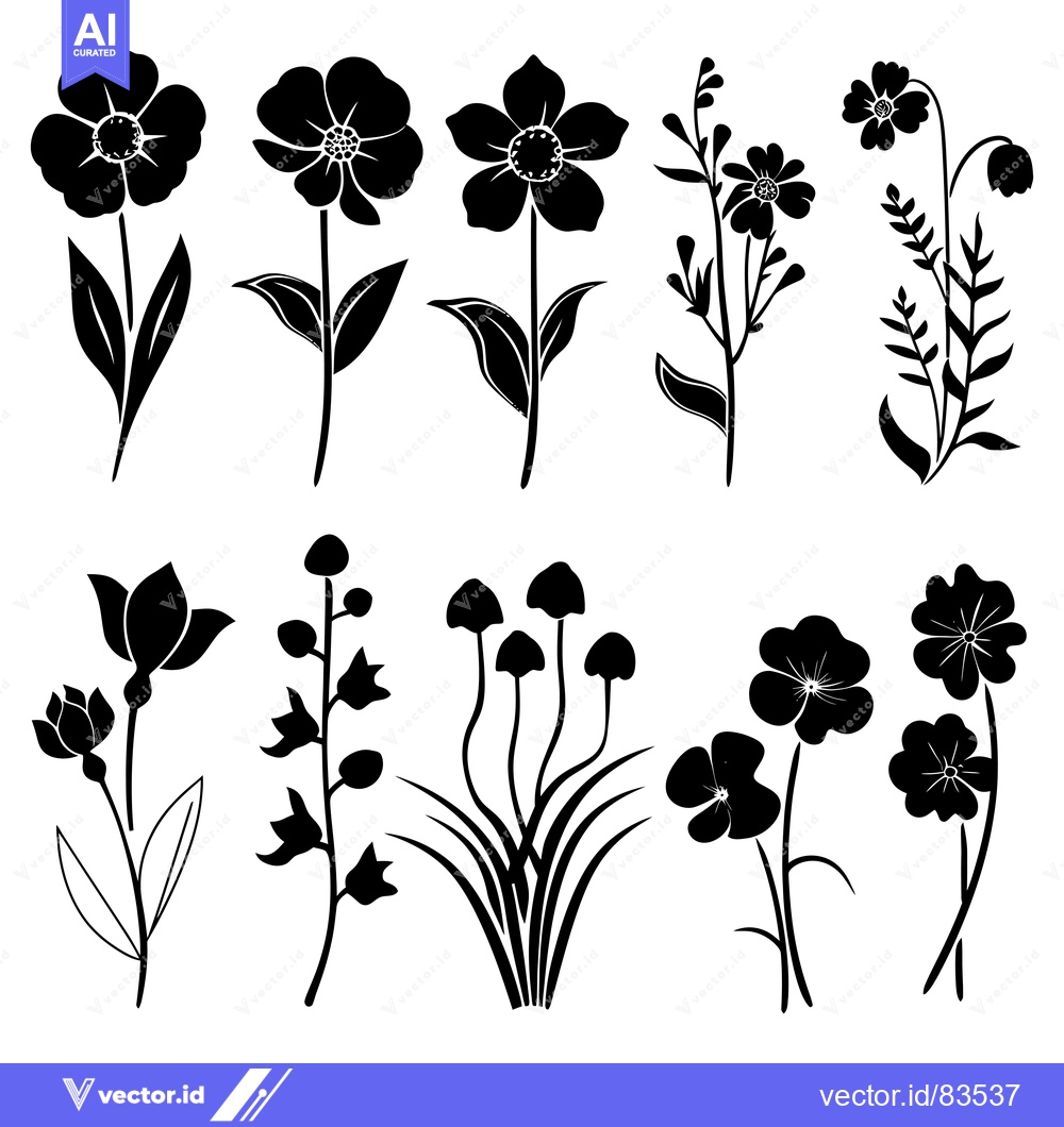 Premium Vector dari A Collection of Black Silhouettes of Various Flowers and Plants