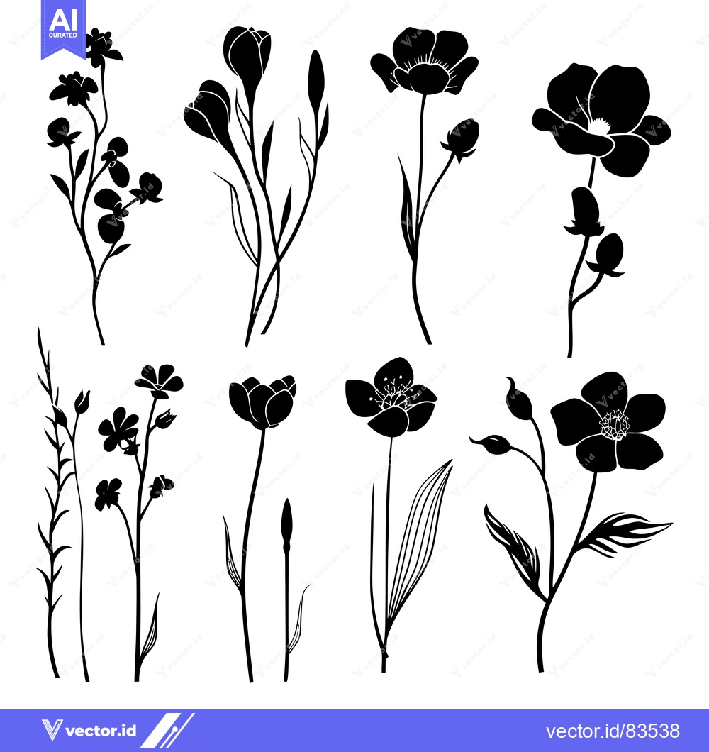 Premium Vector dari Black and White Silhouettes of Various Flowers and Buds