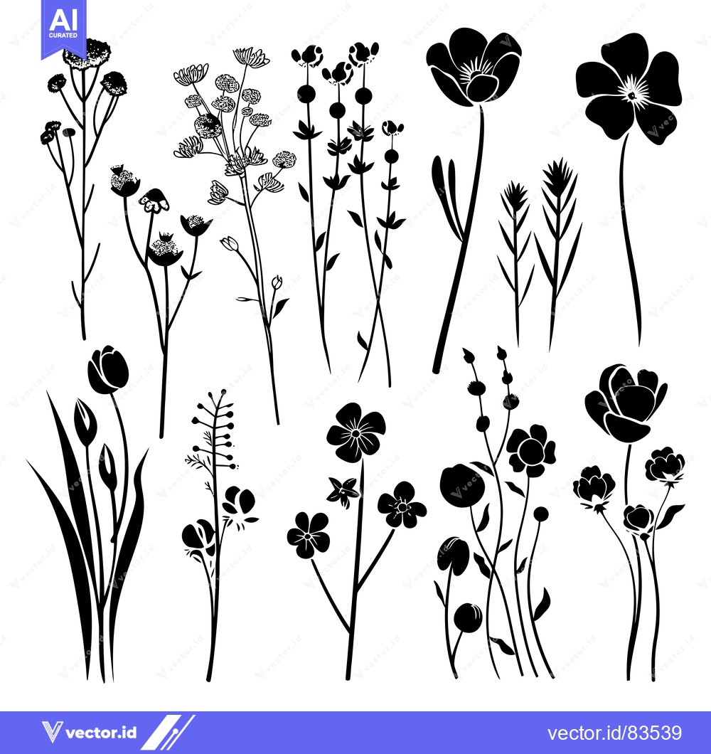 Premium Vector dari Black and White Silhouettes of Various Wildflowers