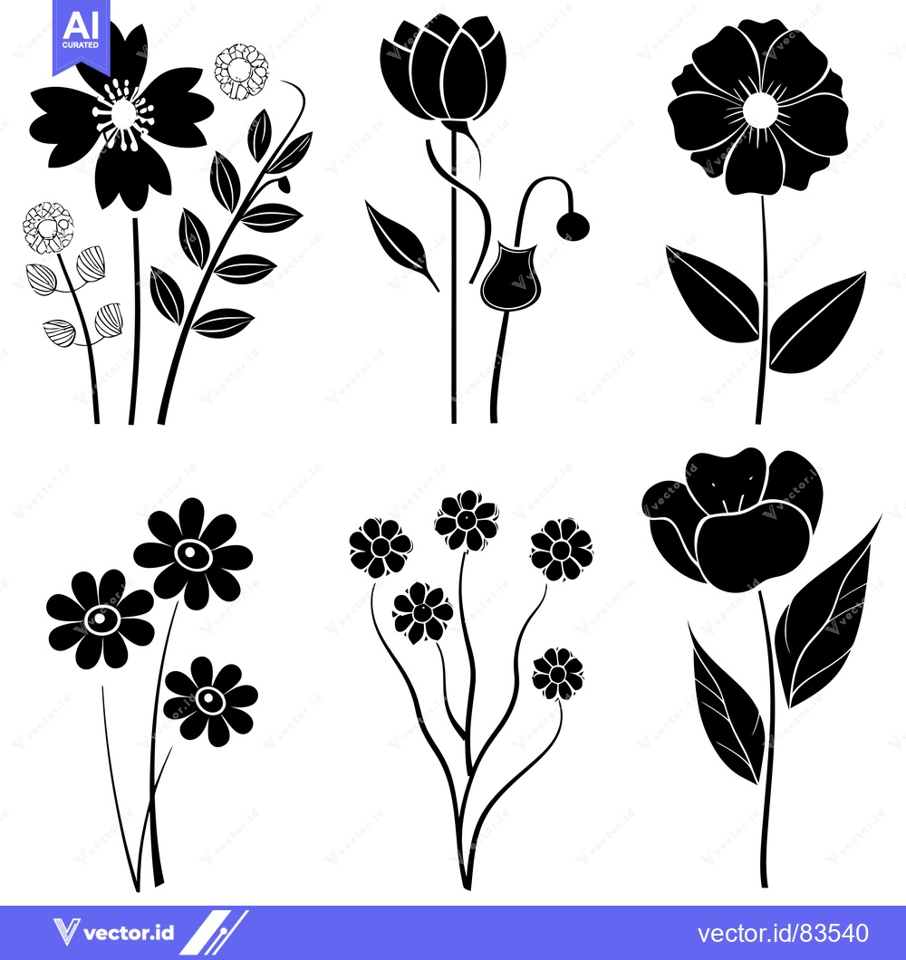 Premium Vector of Six Black and White Silhouette Flower Arrangements