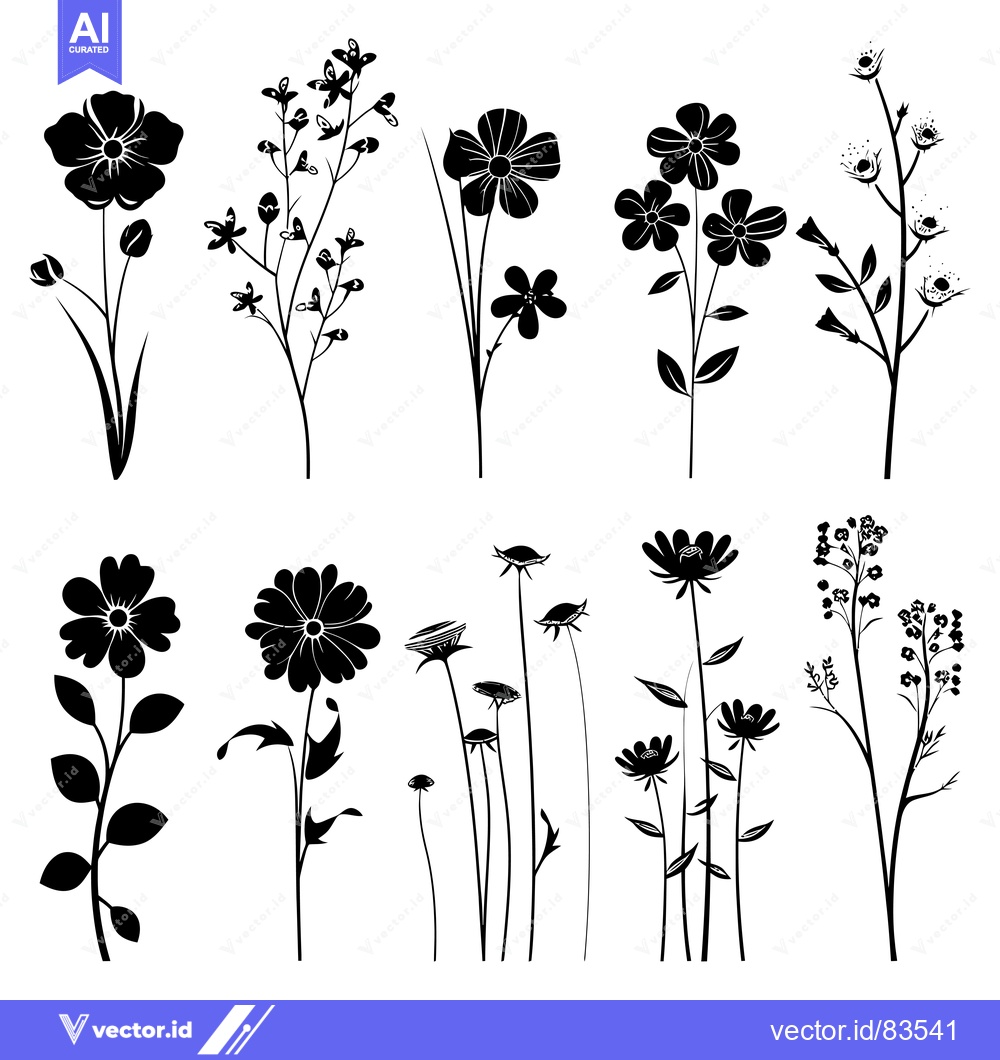 Premium Vector dari Black and White Silhouettes of Various Flowers and Foliage