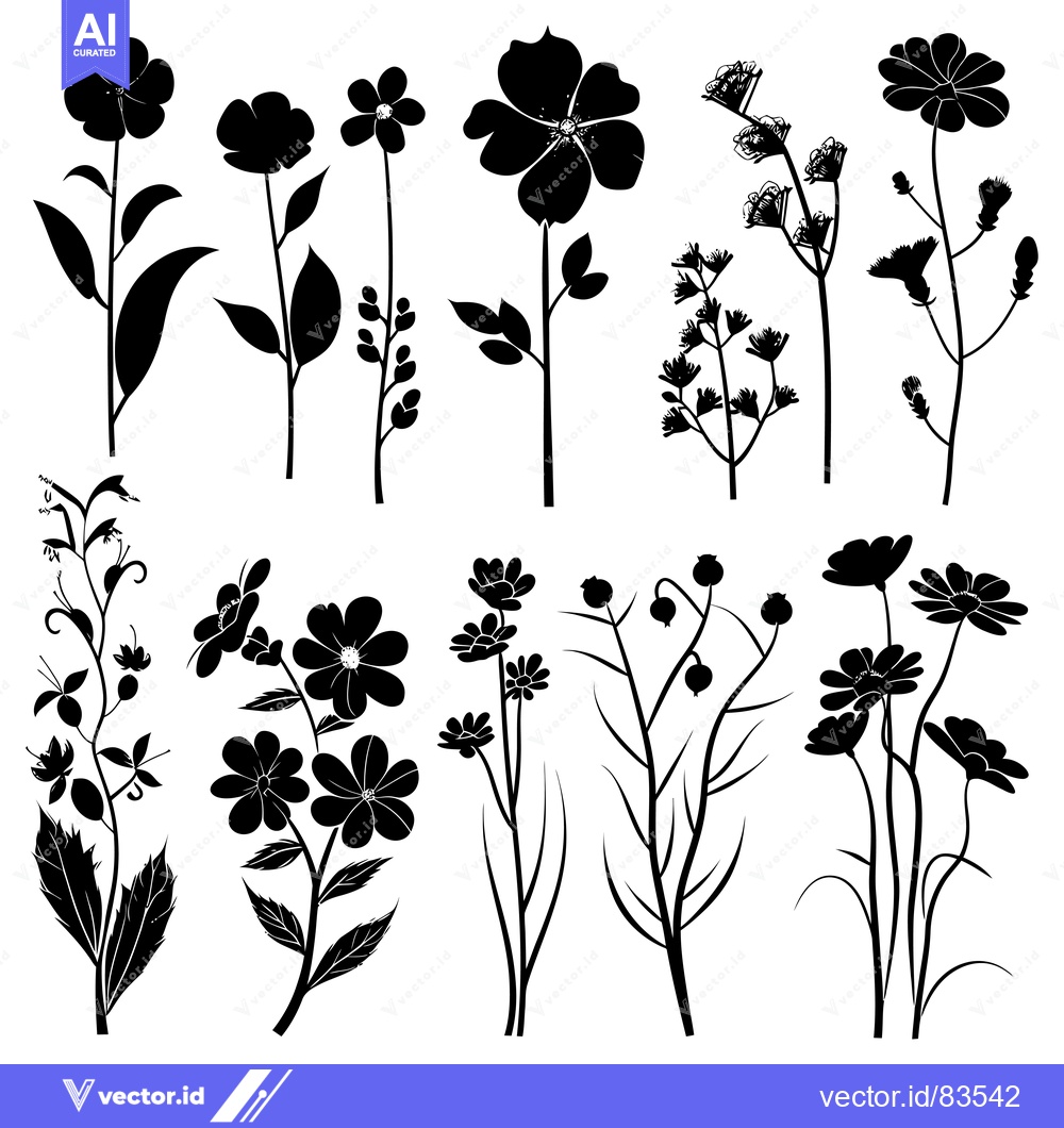Premium Vector dari Black Silhouettes of Various Flowers and Plants