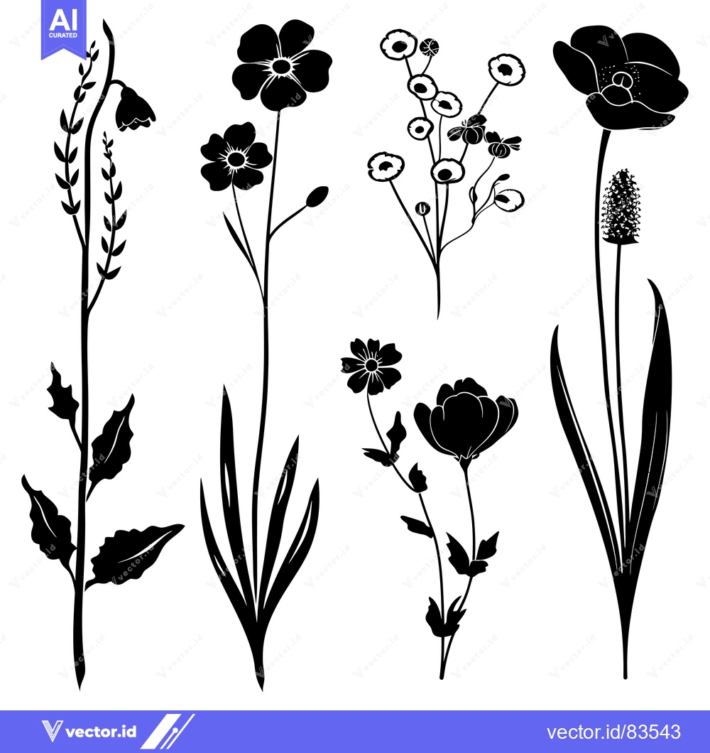 Premium Vector dari Black Silhouettes of Five Different Wildflowers