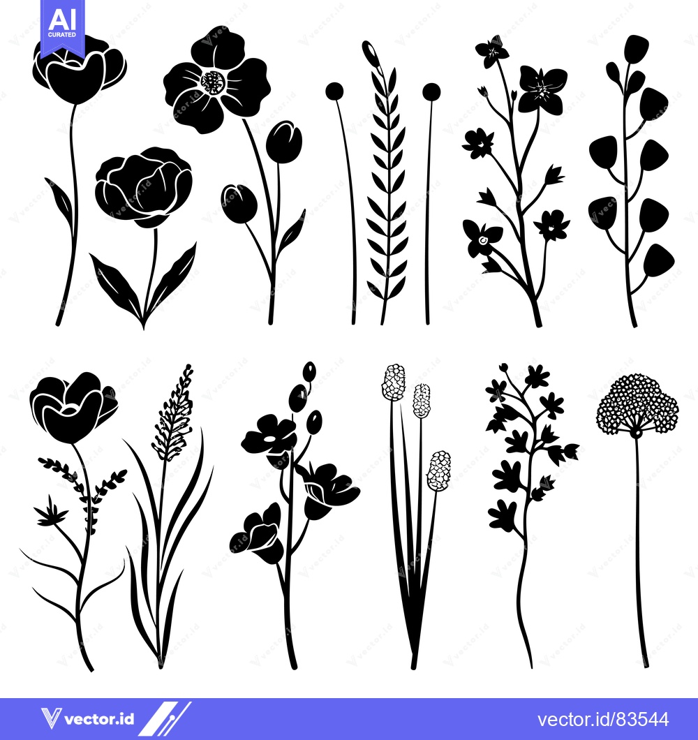 Premium Vector dari Black Silhouettes of Various Flowers and Plants