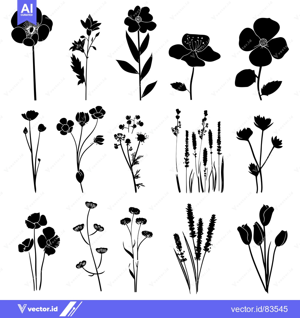 Premium Vector dari Black Silhouettes of Various Wildflowers and Grasses