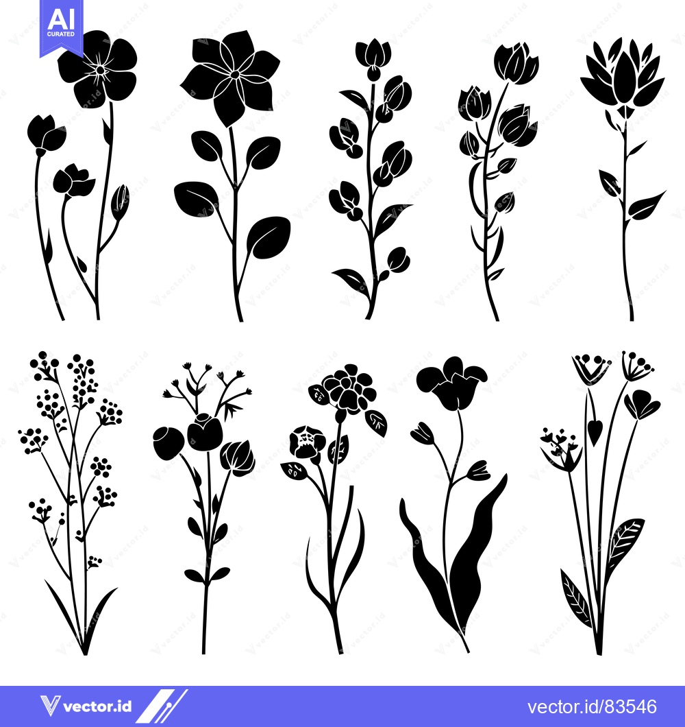 Premium Vector dari Silhouette Set of 10 Blooming Flowers in Black and White