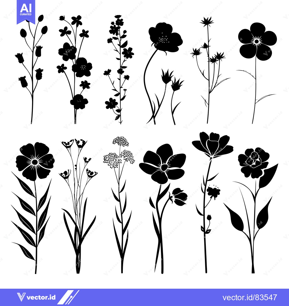 Premium Vector of Silhouettes of 12 Different Flower Varieties with Stems and Leaves