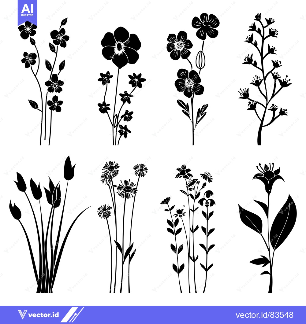Premium Vector dari Black and White Silhouettes of Various Flower Species