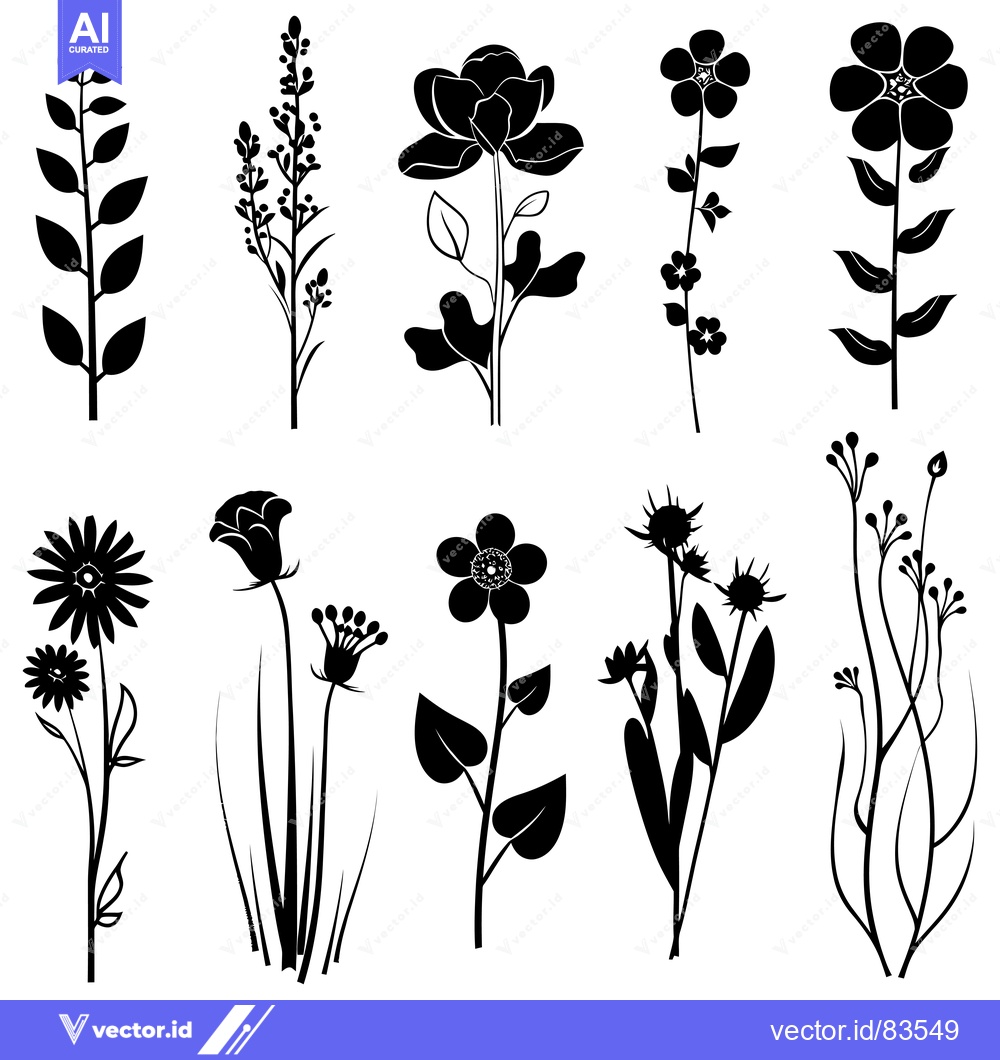 Premium Vector dari Black Silhouettes of Various Flowers and Plants