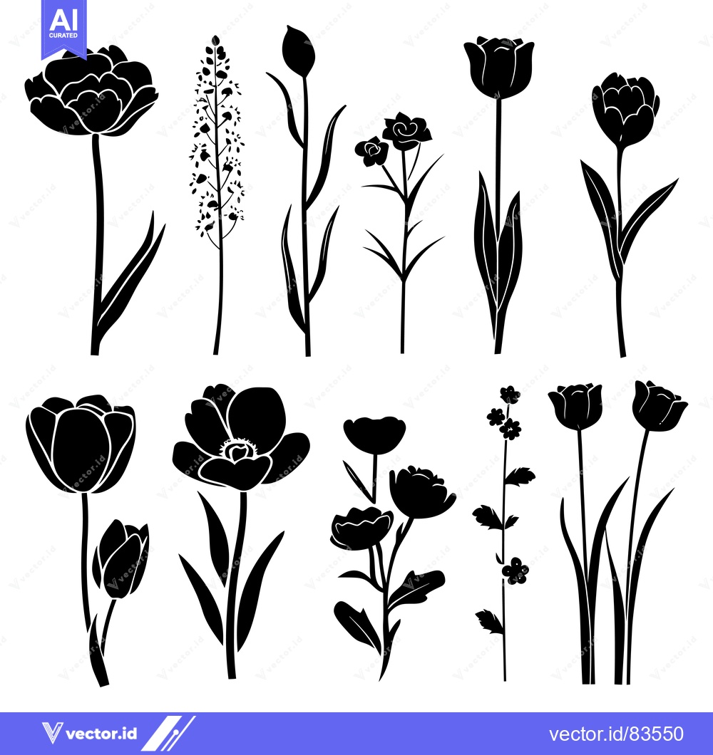 Premium Vector dari Black Silhouettes of Various Flowers with Stems and Leaves