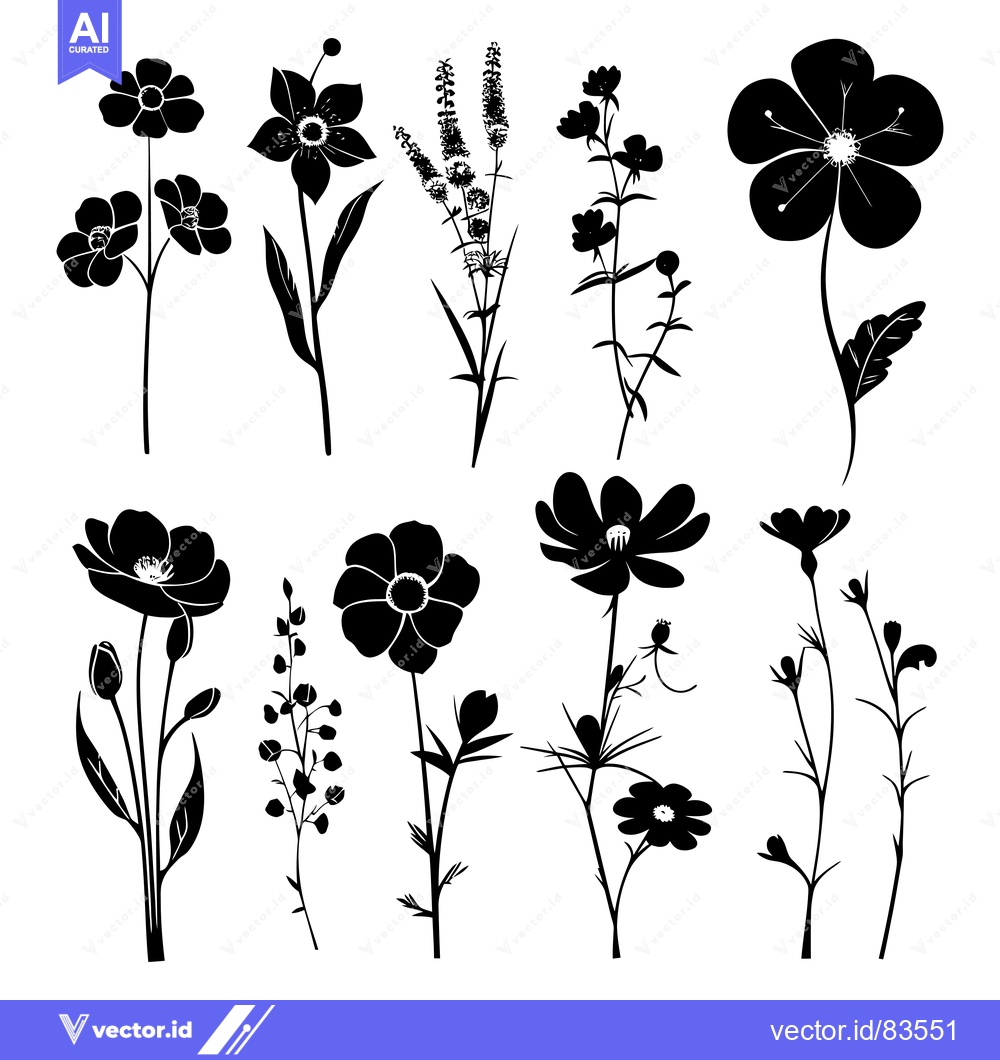 Premium Vector dari Black Silhouettes of Various Flowers and Buds