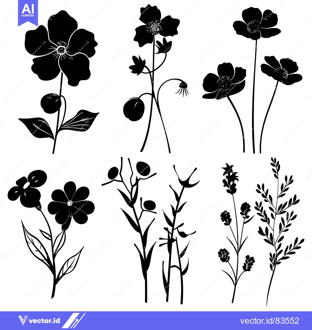 Premium Vector dari Silhouette of Seven Different Flower and Plant Species