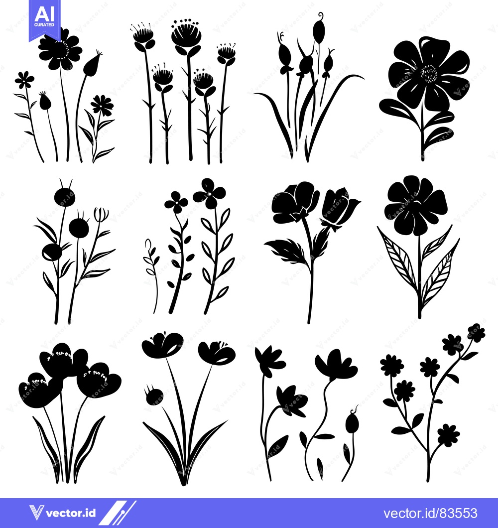 Premium Vector of A Collection of Twelve Black and White Floral Silhouettes