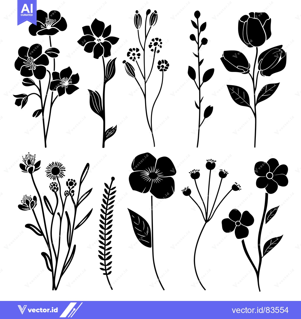 Premium Vector dari Collection of Black Silhouettes of Various Flowers and Foliage