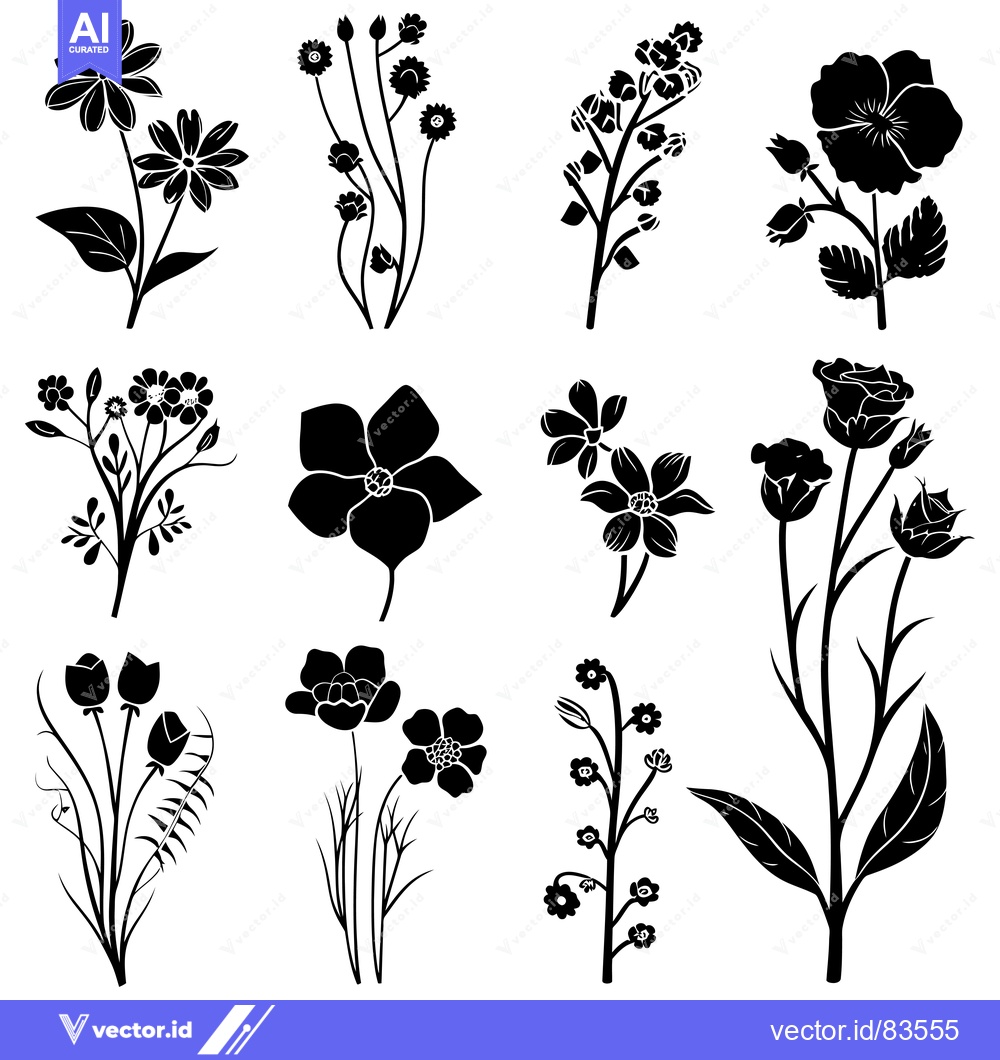 Premium Vector dari Collection of Black and White Flower Silhouettes
