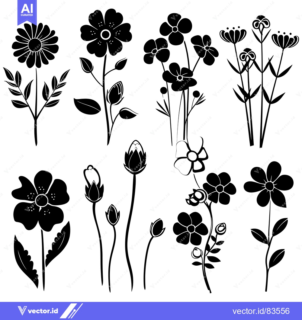 Premium Vector dari Collection of Black and White Silhouettes of Various Flowers