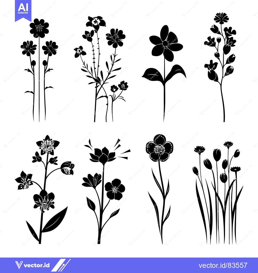 Premium Vector dari Eight Black Silhouettes of Various Flower Arrangements