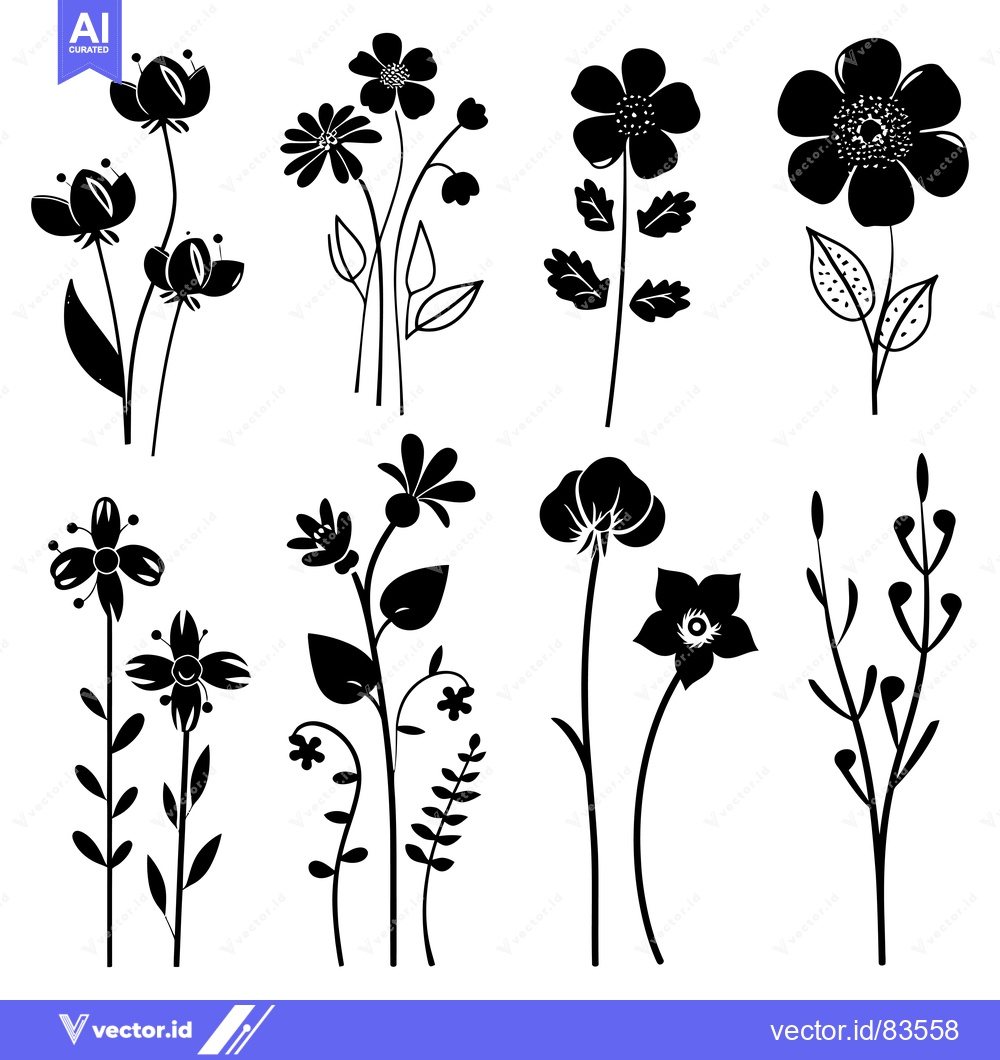 Premium Vector of A Collection of Eight Black and White Floral Silhouettes