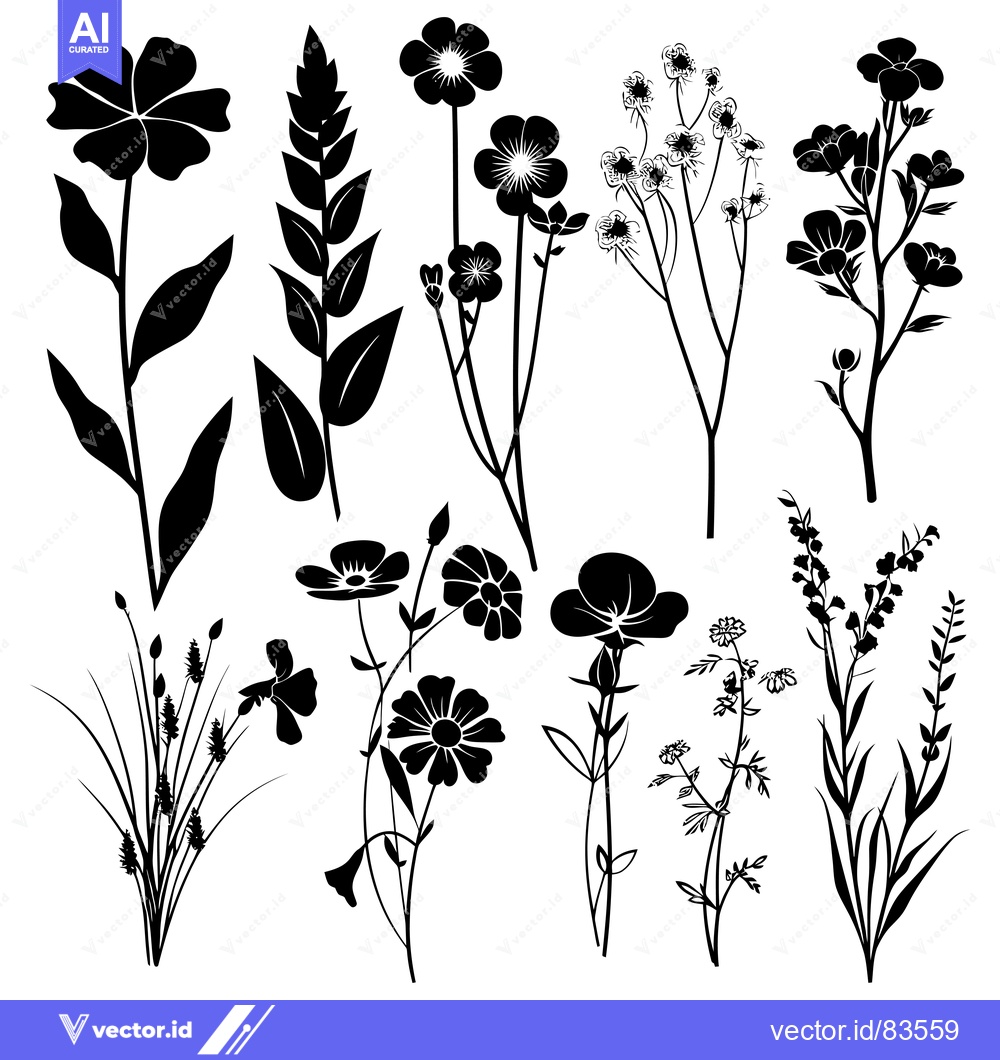 Premium Vector of A Collection of Black Silhouettes of Various Flower and Plant Species