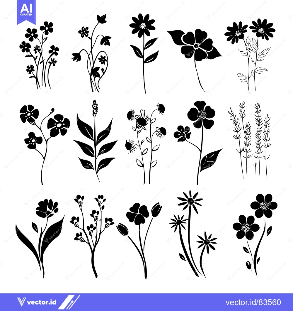 Premium Vector of A Collection of Black and White Floral Silhouettes