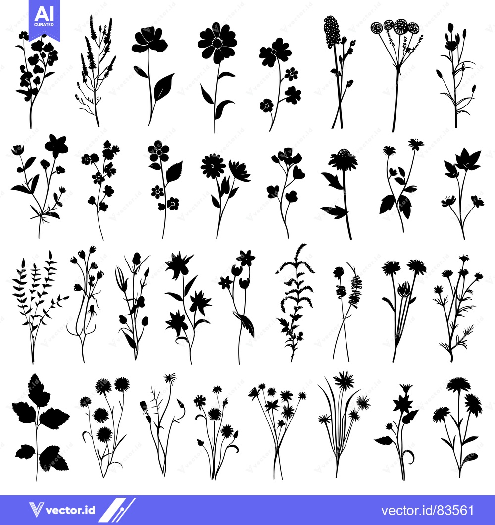 Premium Vector of Collection of Black Silhouettes of Various Flowers and Plants