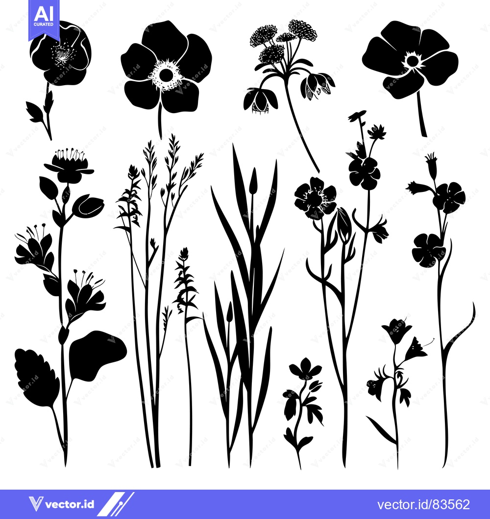Premium Vector dari Black Silhouettes of Various Flowers and Grasses