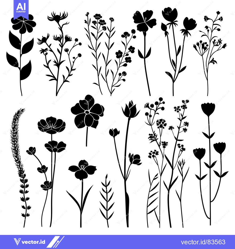 Premium Vector dari Collection of Black Silhouettes of Wildflowers and Grass