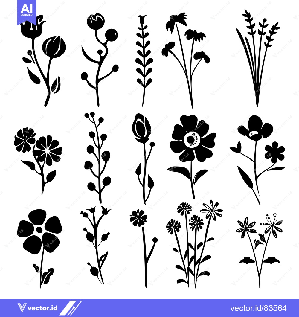 Premium Vector of A Collection of Black and White Floral Silhouettes