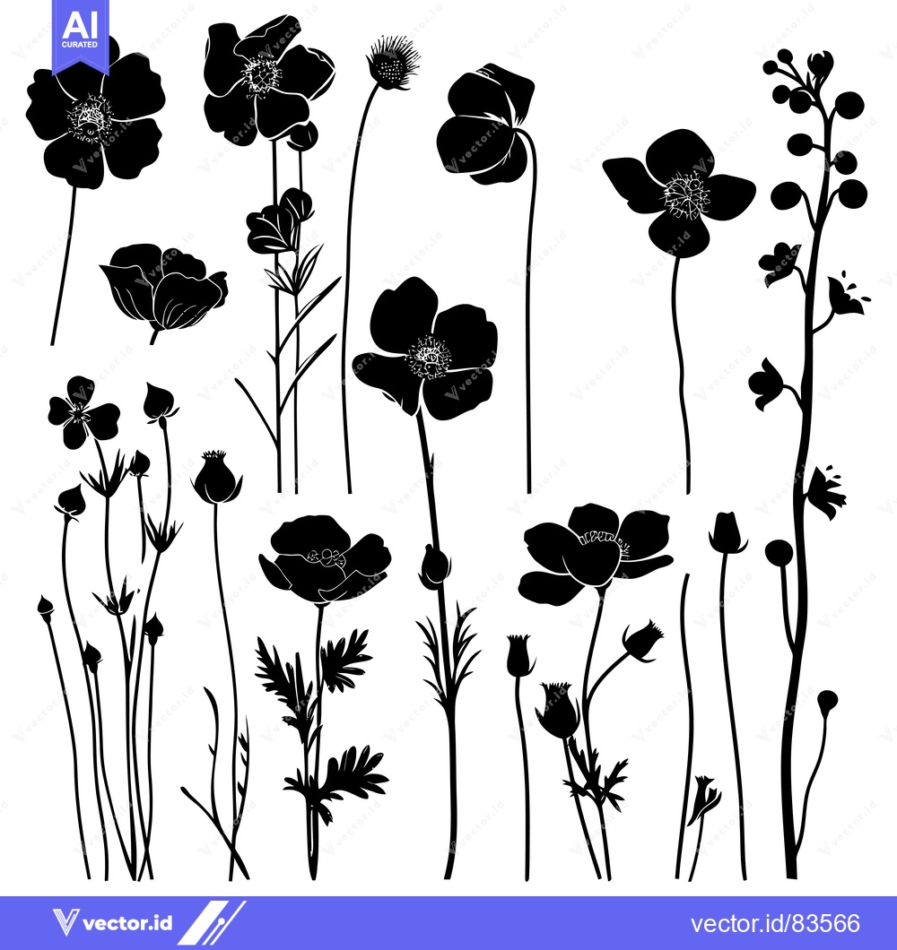 Premium Vector dari Black and White Silhouettes of Various Flower Species