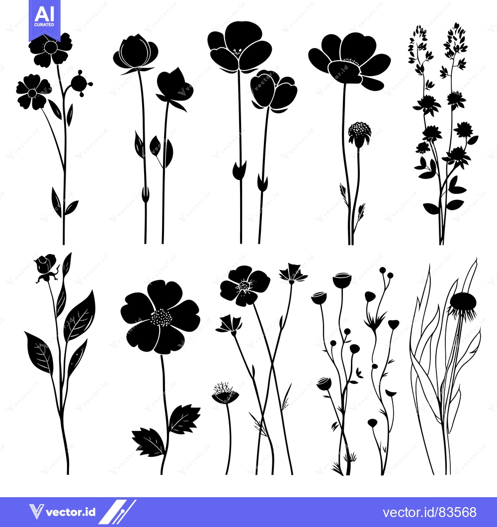 Premium Vector dari Collection of Black Silhouettes of Various Flowers and Foliage