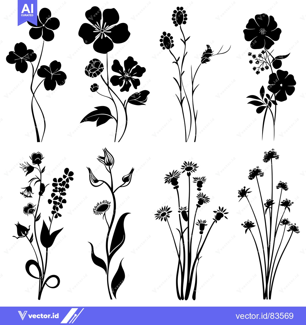 Premium Vector dari A Collection of Black and White Floral Silhouettes