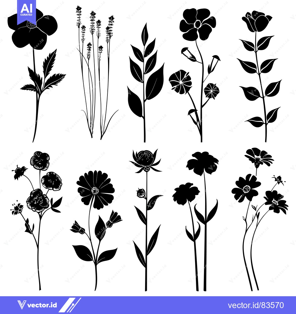 Premium Vector dari A Collection of Silhouettes of Various Flowers and Plants