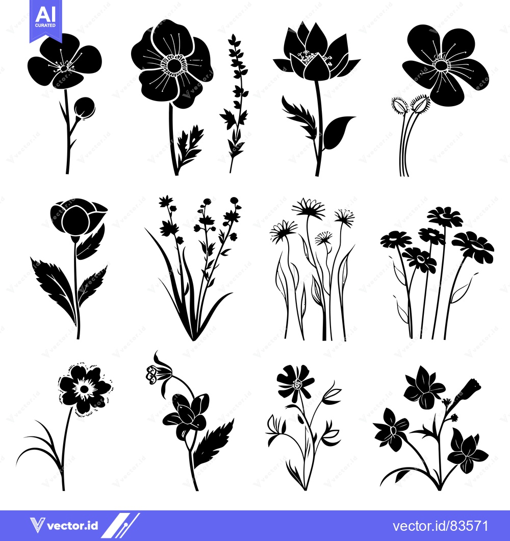 Premium Vector dari Black Silhouettes of Various Flowers and Plants