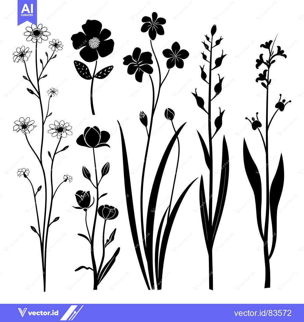 Premium Vector dari Black and White Silhouettes of Various Flowers
