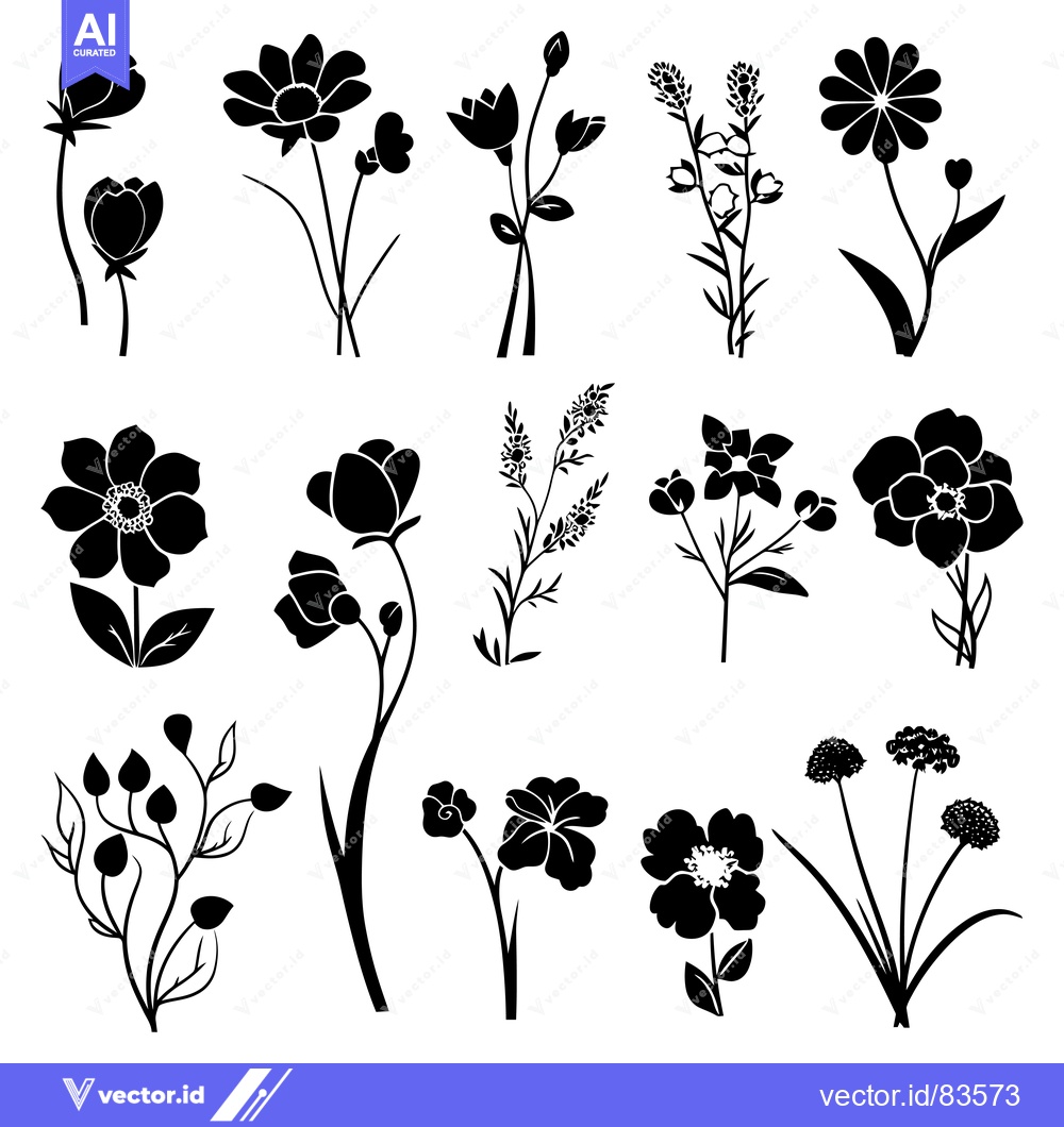 Premium Vector of A Collection of Black Silhouettes of Various Flowers and Plants