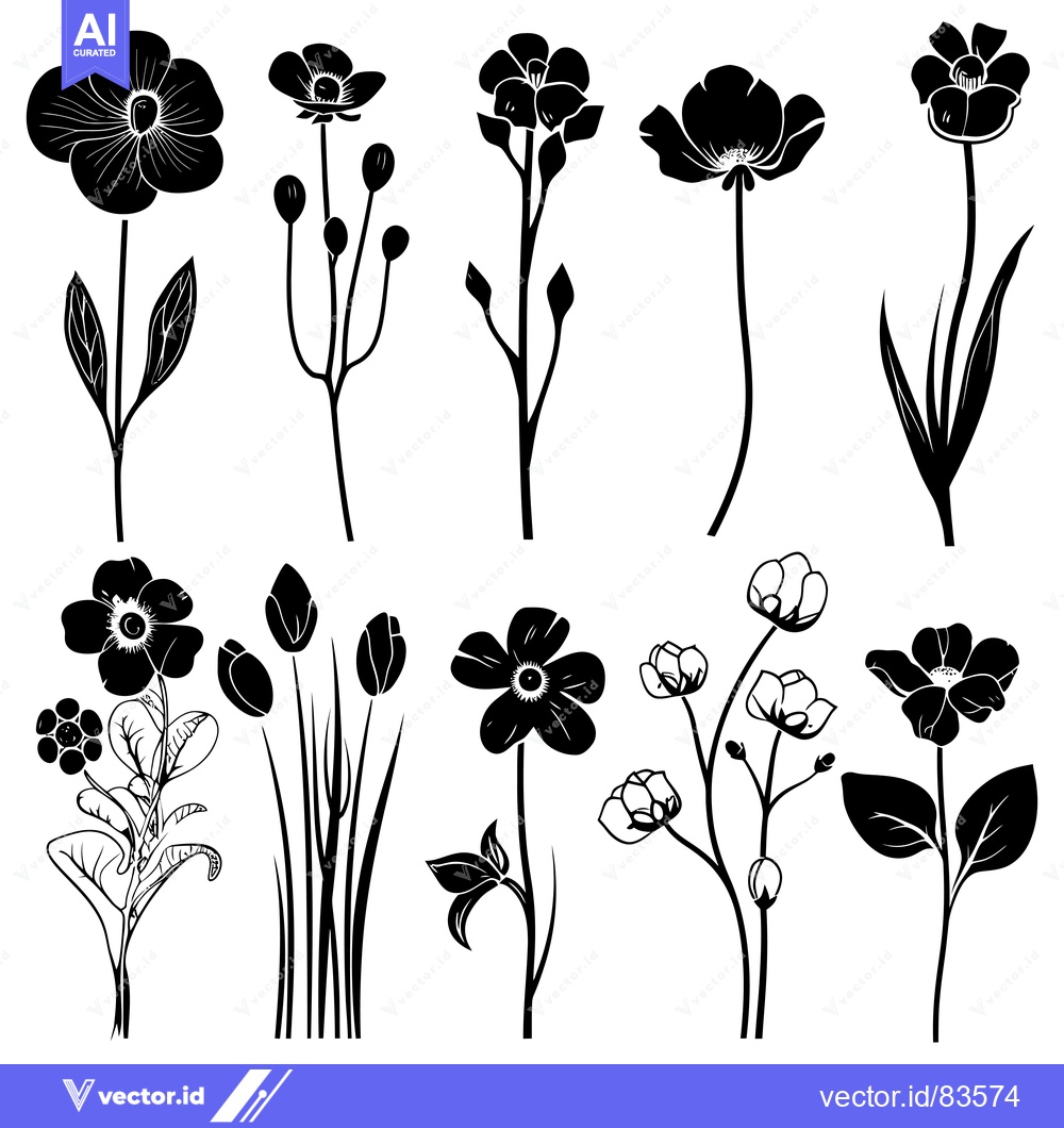 Premium Vector dari Black and White Silhouettes of Various Flowers and Buds