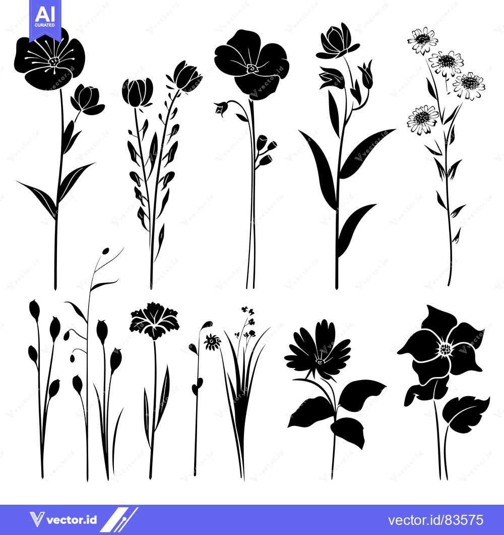 Premium Vector of Black Silhouettes of Various Flowers and Plants