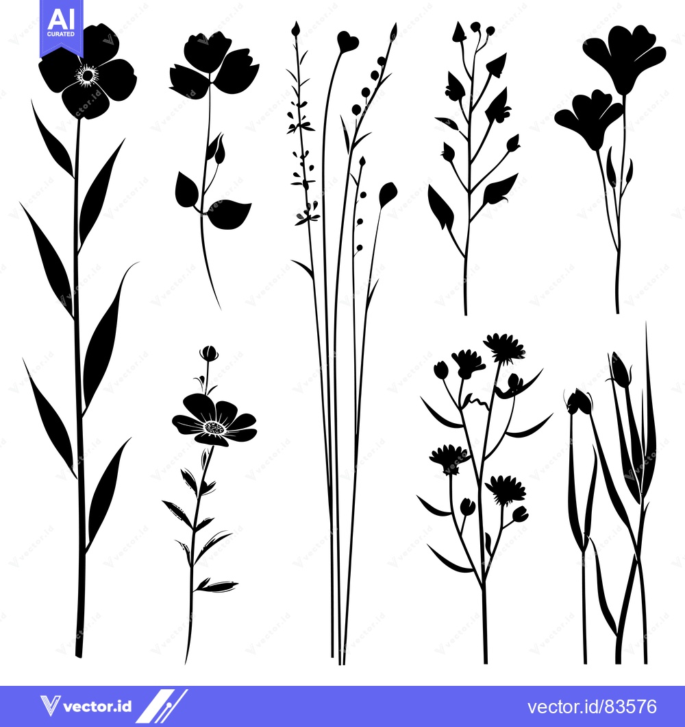 Premium Vector of Black Silhouettes of Various Wildflowers and Grasses